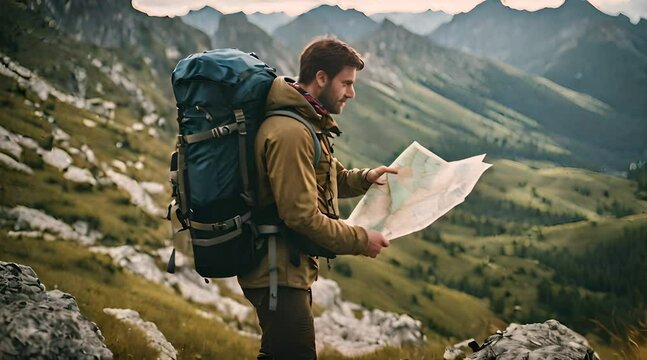 Wanderer mit gro&szlig;em Rucksack h&auml;lt Landkarte in den H&auml;nden und sucht den Weg