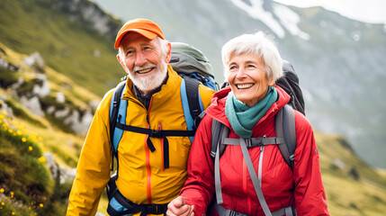 A serene elderly couple is hiking through the rugged mountains, surrounded by towering peaks and lush greenery, showing strength, love, and determination