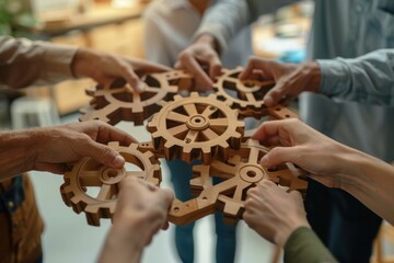 Obraz premium Diverse group of people collaborating to assemble wooden gears in a teambuilding exercise
