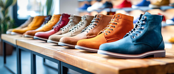 A colorful array of boots lined up in different hues on a rustic wooden table, creating a visually appealing and stylish display