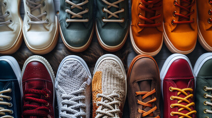 A colorful array of sneakers, each in a different vibrant shade, are neatly lined up on a table