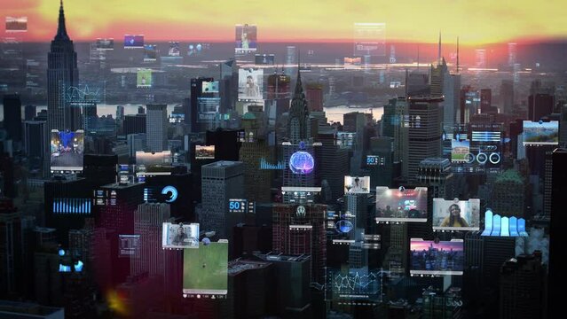 Beautiful Aerial view of Skyline in Manhattan at Sunset. Several screens with social media feeds and videos. Columns of Information and Data. Artificial Intelligence. Metaverse. New York City.