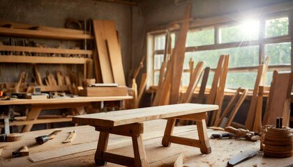 Extreme close-up of a small wooden table above a wooden workbench in a carpentry or wood shop. Generative Ai.