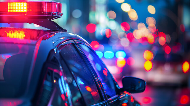 A police car races through the city streets at night, chasing a car thief in the act of committing a crime