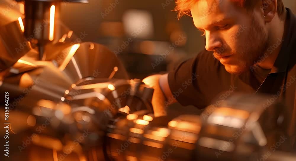 Poster skilled engineer manages lathe operations in a fast-paced factory for precision part production. con