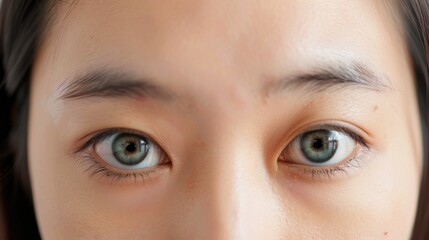 Close up portrait of young Asian woman with striking green eyes and long flowing hair on white background