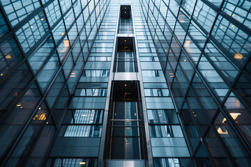 Charcoal grey luxury elevator amidst reflective windows of an urban skyscraper.