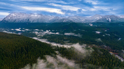 A stunning sprawled mountain covered with thick pine tree forest. Drone approaching the snow-capped top of a huge mount. National Park Mount Rainer, Washington State, the USA.