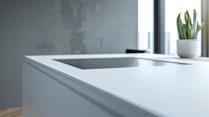 Close-up of a minimalist kitchen island with a seamless white surface and hidden induction cooktop.