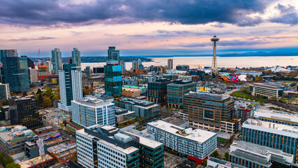 Seattle city aerial view with modern buildings. Washington state cityscape.