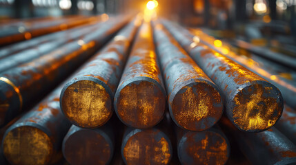 Closeup view of stacked round steel bars inside a factory