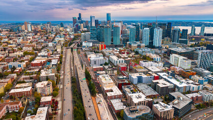 Seattle city aerial view with modern buildings. Washington state cityscape.