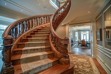 An elegant home with a curved wooden staircase, featuring a hand-carved banister and steps covered...