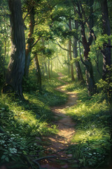 Obraz premium An enchanted forest path winding through towering trees, with sunlight filtering through the lush canopy and casting enchanting shadows on the forest floor