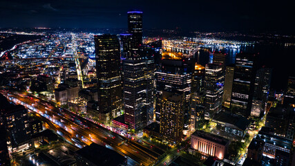 Scenic view of amazing Seattle at night. Lively panorama of the city with stunning illumination in...