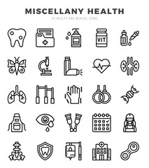 Collection of MISCELLANY HEALTH 25 Lineal Icons Pack.