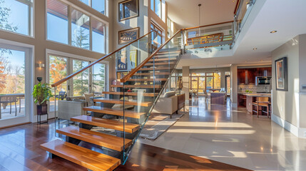 An open-concept home with a grand wooden staircase featuring glass balusters, connecting a visually...
