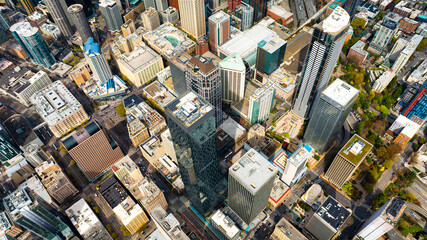 American city Seattle aerial view. Washington state location downtown drone flying.