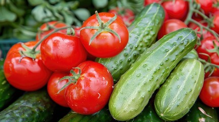 cucumbers, tomatoes, and greens displayed in a bustling store, showcasing the freshness of vegetables for sale.
