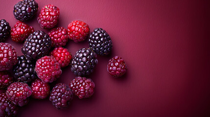A variety of fresh, ripe blackberries and raspberries scattered on a deep red surface