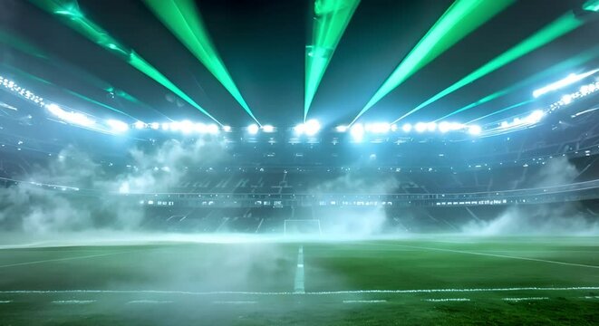 Football stadium glows under green lights preparing for an exciting match. Concept Sports, Football, Stadium, Night Lights, Excitement