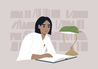 Studious Individual Reading in a Cozy Library With Lamp Light in the Evening, surrounded by bookshelves in the background creating a serene and focused atmosphere