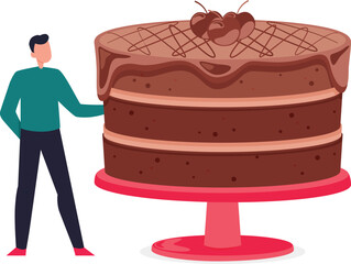 The boy is standing next to the chocolate cake.