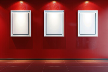 Contemporary office wall: three white frames on a light polished red surface, each lit by a spotlight.