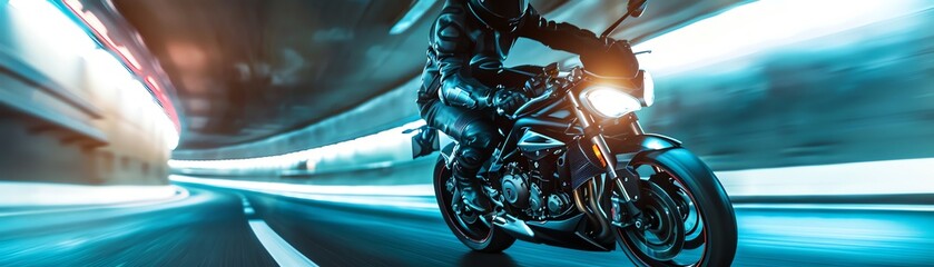 A motorcyclist in black gear riding at high speed through a tunnel, with motion blur emphasizing the speed