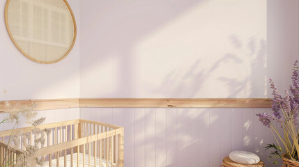 Corner shot of a minimalist nursery with soft lavender walls and natural wood accents.