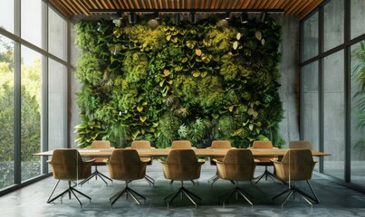 inside of meeting room long big desk with vertical garden on the wall. eco green work sustainable photo concept.