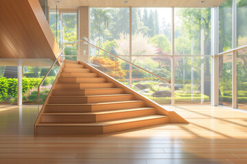 A bright and airy wooden staircase with large landings, surrounded by floor-to-ceiling windows...