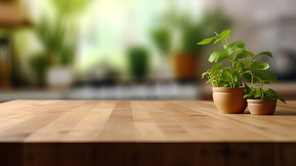 An empty wooden countertop and a blurred background of a modern kitchen.