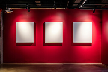 Creative studio space: deep red wall adorned with three white frames, each under a white beam of light.