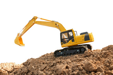 Crawler Excavator with bucket lift up is digging soil in the construction site on isolated white...