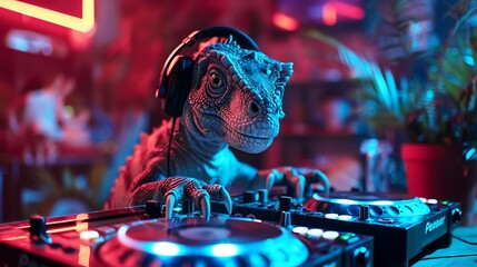 DJ dinosaur with headphones in a club setting