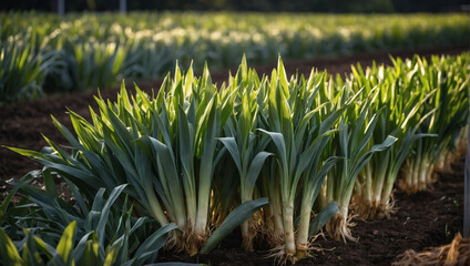 Nature's Bounty, Detailed Shot of Leeks Growing Healthily on the Farm.