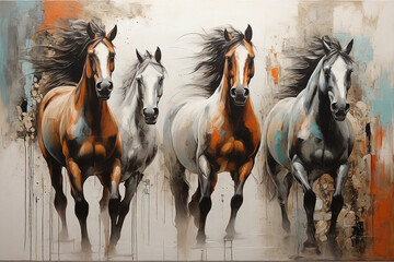 A painting of horses with a black mane. Horse painting on canvas.