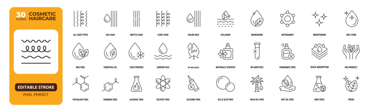 Hair Types Line Icon Set, Editable Stroke.  All Hair Types, Oily, Brittle, Curly, Cosmetic Skincare.