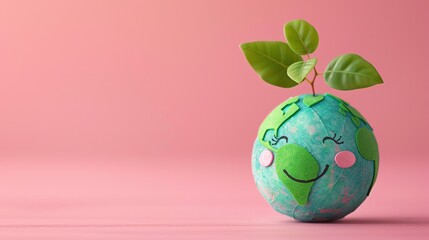 Smiling Earth with leaves sprouting, set against a pink background, symbolizing environmental care and happiness