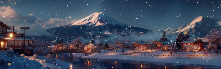 Fototapeta premium winter, rural city of japan, night time with sakura and mountain in the back