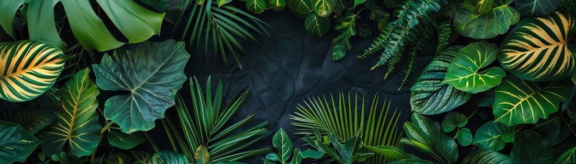 Fototapeta premium Top view of assorted houseplants with lush green leaves, arranged neatly around a dark empty center, natural pattern
