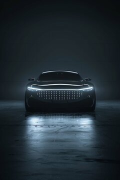 The front view of a sleek black luxury car with illuminated headlights, set against a dark background