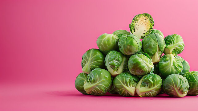 A pile of brussel sprouts on a pink background. The brussel sprouts are green and have a white core. They are all different sizes.
