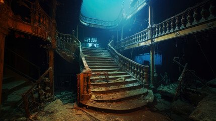gloomy interior with luxurious staircase of a sunken luxury passenger ship in the rays of light passing through the depths of the ocean