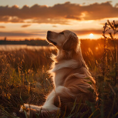 A relaxed dog enjoying a peaceful sunset moment in nature, exuding calmness and tranquility. 