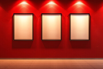 Distinct illumination: three blank white frames on a light polished red wall, each highlighted by a spotlight.