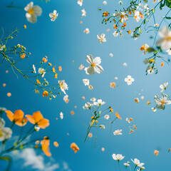 Spring flowers flying against the blue sky, depicting a summer aesthetic concept. Ideal for nature-themed designs and summer-related content. 