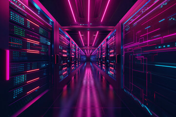 Fototapeta premium Data storage server warehouse room with neon blue and violet light glowing trails, data network and connection for communication