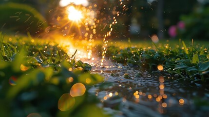 Water drops on green grass of lawn during sunset, rain or automatic garden watering system. Generative AI